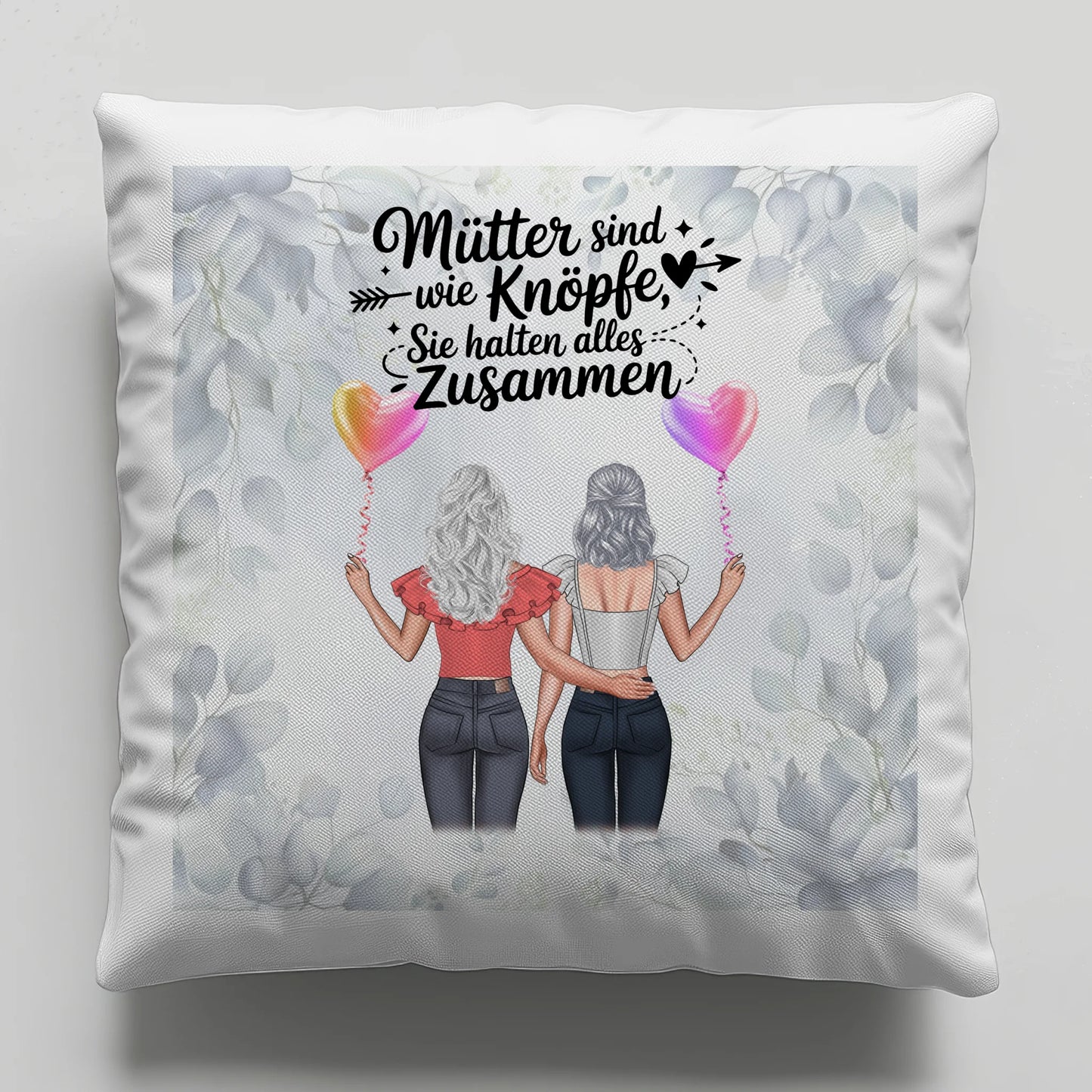 Kissen Für Mama - Personalisiert mit 2 Clipart Frauen, Namen, Hintergrundbild und Wunsch