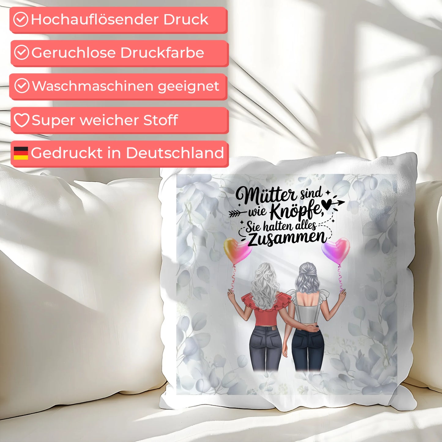 Kissen Für Mama - Personalisiert mit 2 Clipart Frauen, Namen, Hintergrundbild und Wunsch