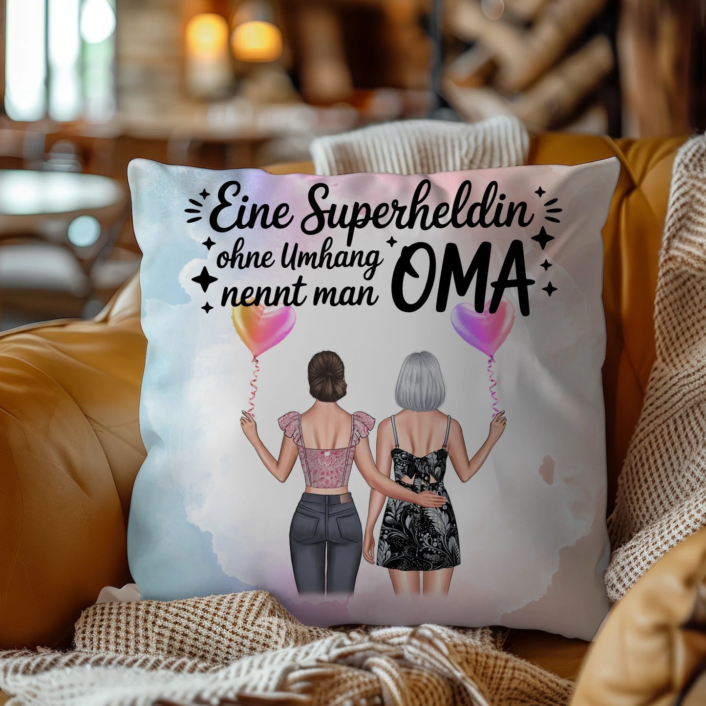 Kissen Beste Oma personalisierbar mit 2 Clipart-Frauen, Namen und eigenem Spruch