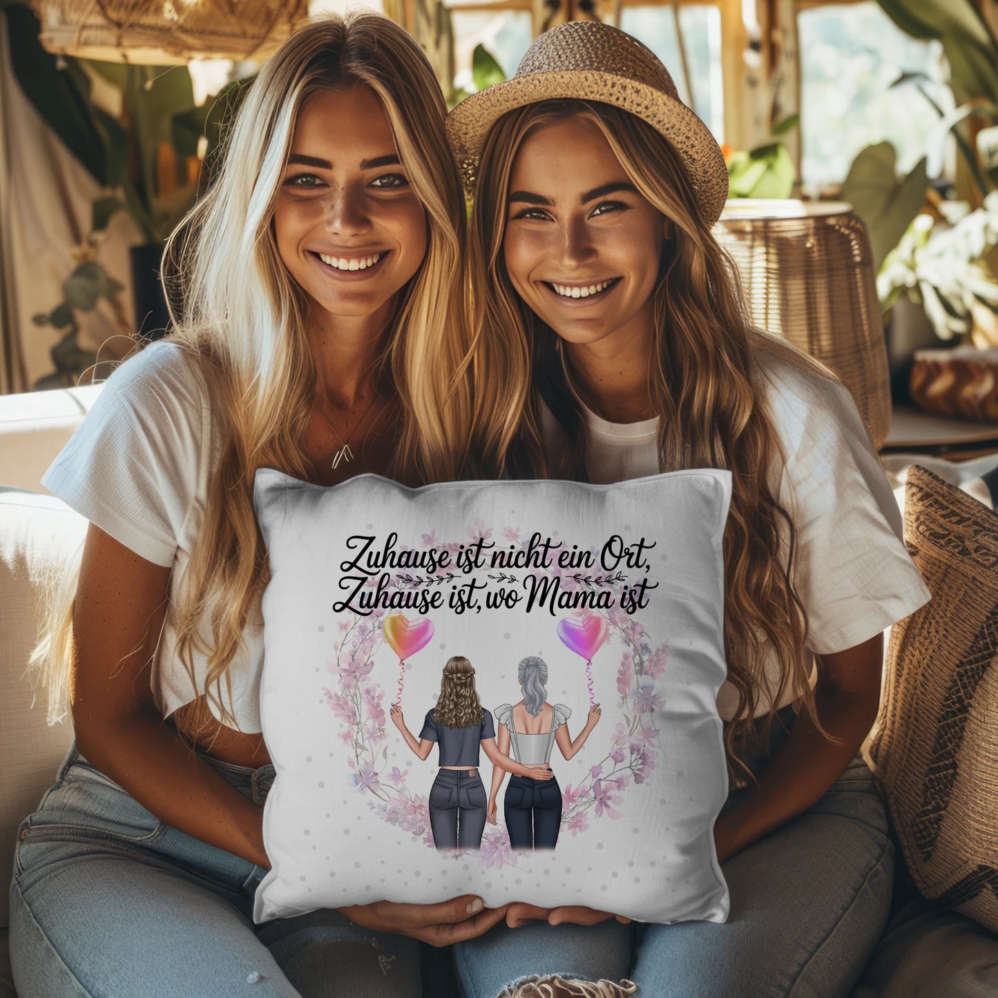 Namen Kissen für Mama - 2 Frauen Clipart, Hintergrund, Wunschtext personalisierbar