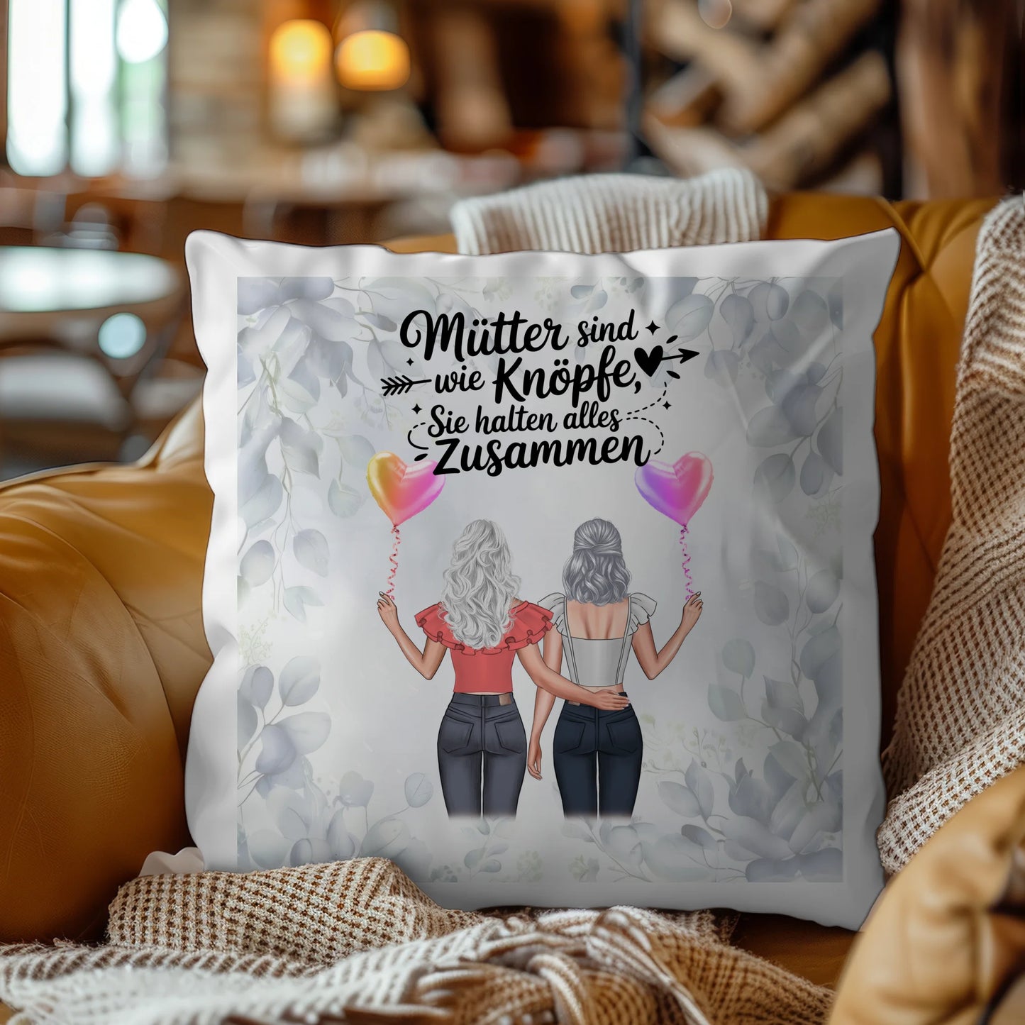 Kissen Für Mama - Personalisiert mit 2 Clipart Frauen, Namen, Hintergrundbild und Wunsch