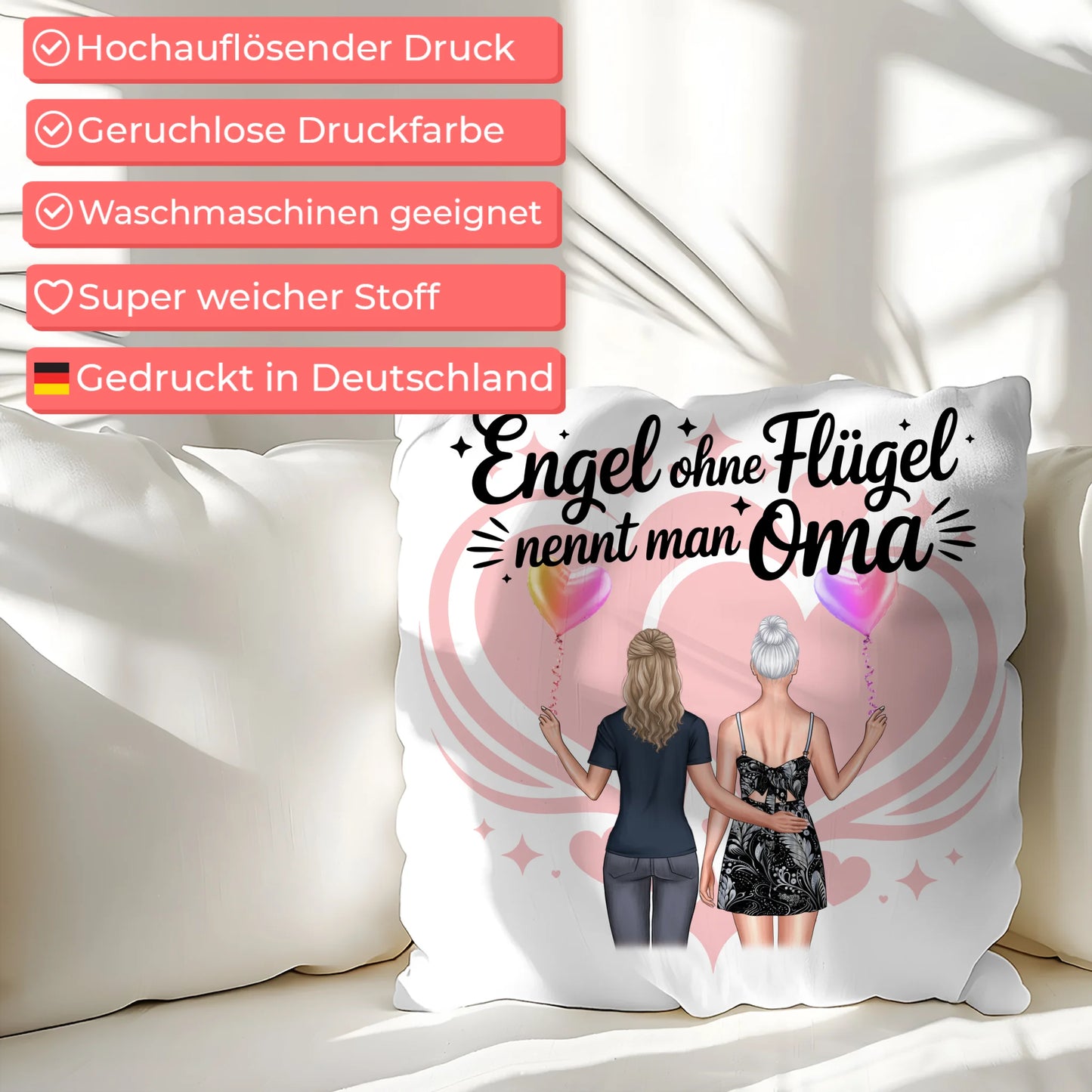 Personalisierbares Namen Kissen mit 2 Clipart Frauen, Oma Motiv und eigenem Spruch