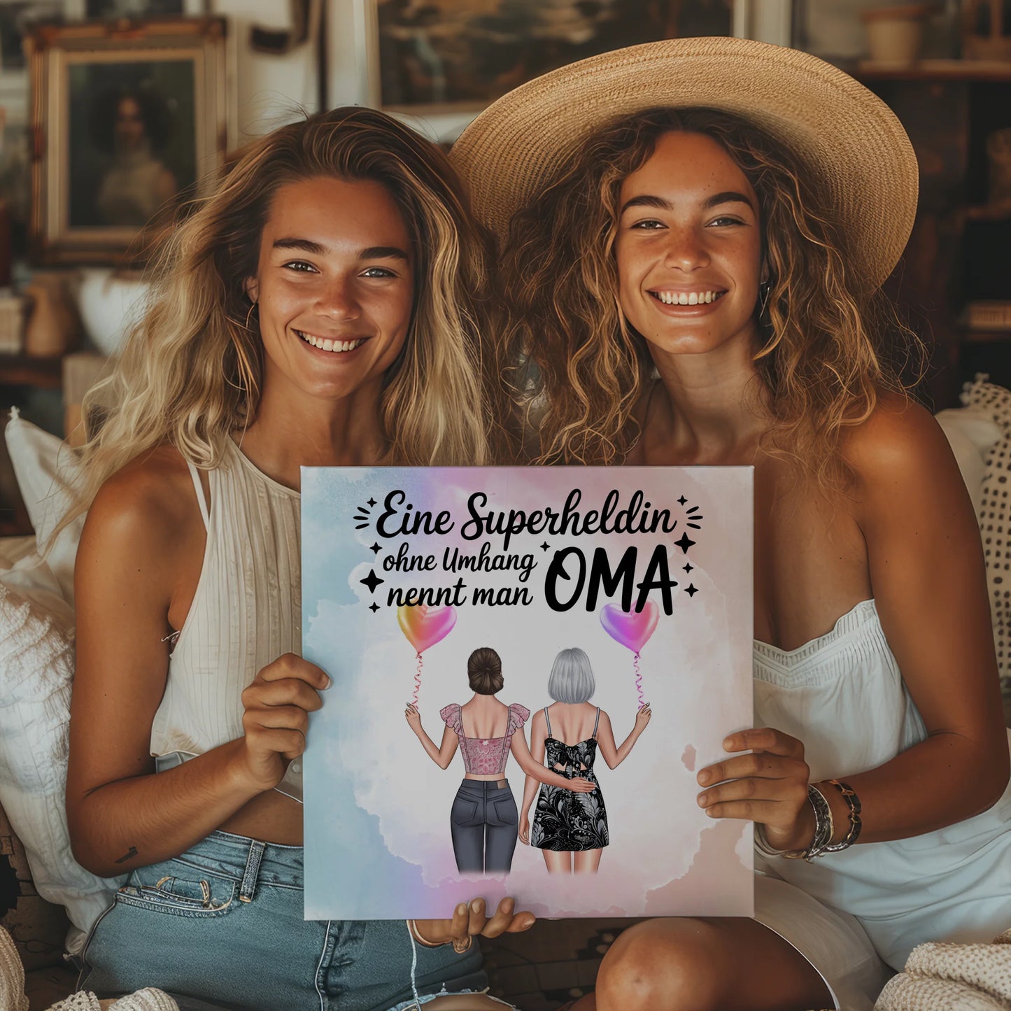 Personalisiertes Oma Plakat Fotoboard mit 2 Clipart-Frauen, Namen, Hintergrund & Wunschtext