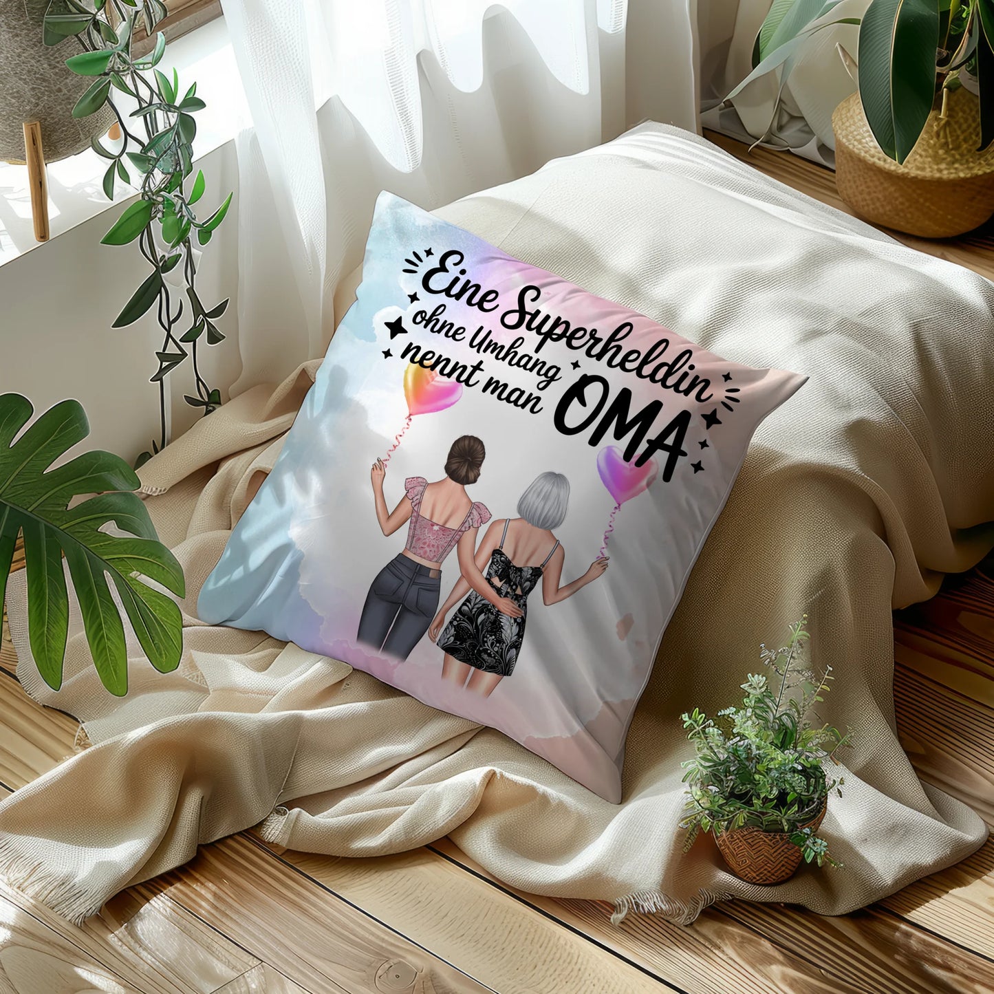 Kissen Beste Oma personalisierbar mit 2 Clipart-Frauen, Namen und eigenem Spruch