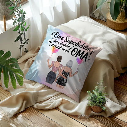 Kissen Beste Oma personalisierbar mit 2 Clipart-Frauen, Namen und eigenem Spruch