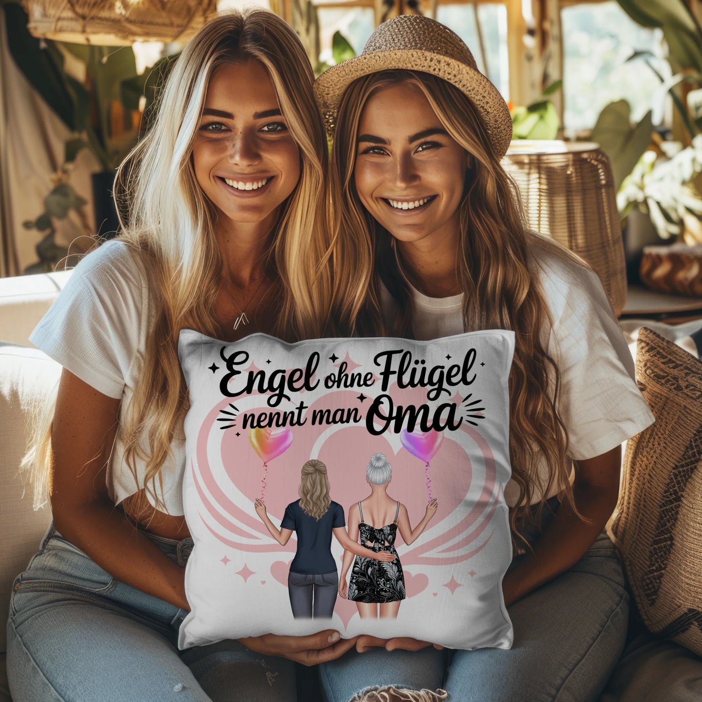 Personalisierbares Namen Kissen mit 2 Clipart Frauen, Oma Motiv und eigenem Spruch