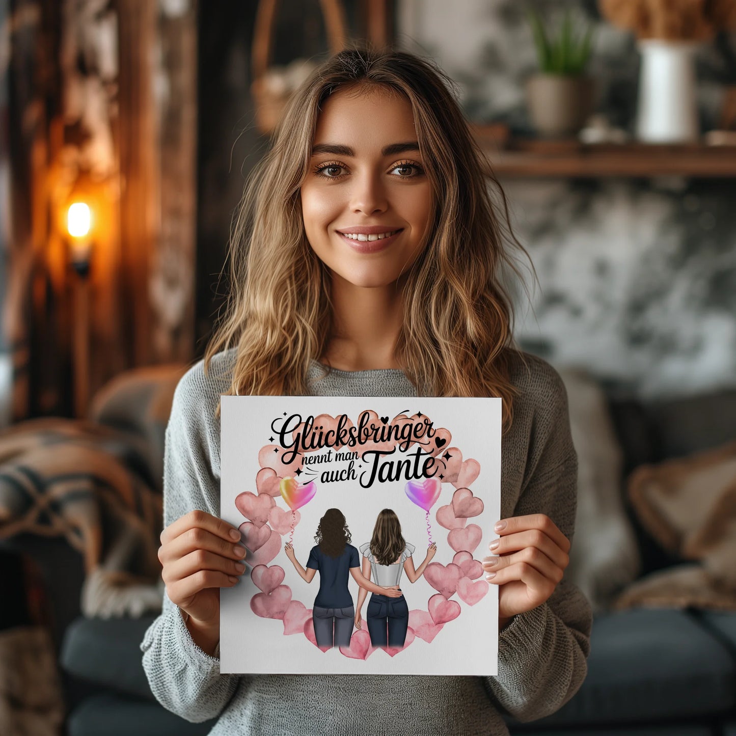 Magnetposter Fotoboard Glücksbringer Tante mit 2 Clipart Frauen Namen & Spruch