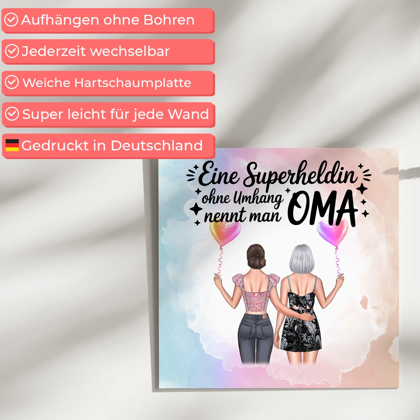 Personalisiertes Oma Plakat Fotoboard mit 2 Clipart-Frauen, Namen, Hintergrund & Wunschtext