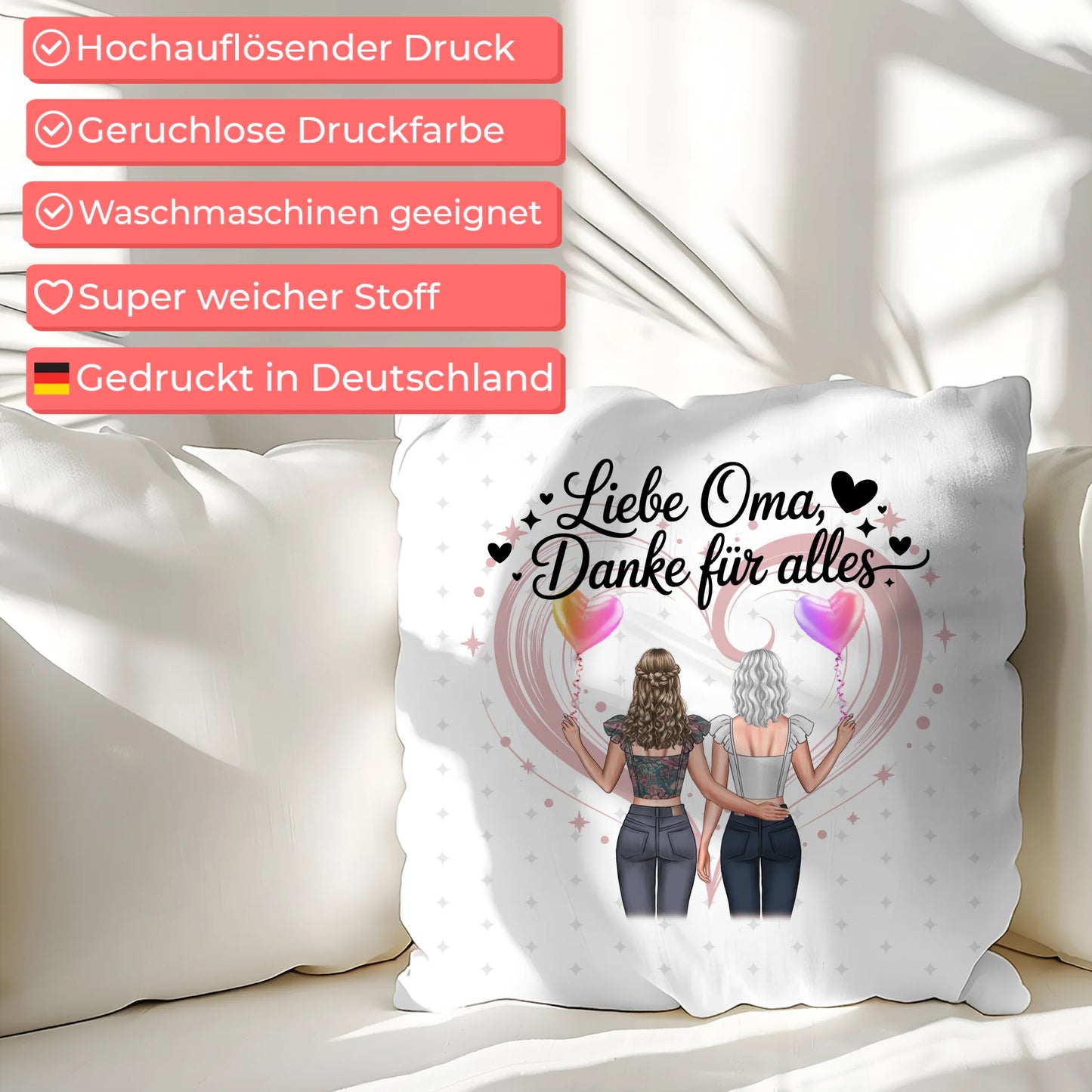 Namen Kissen für Liebe Oma Danke für alles mit 2 Clipart Frauen, Foto & Wunschtext