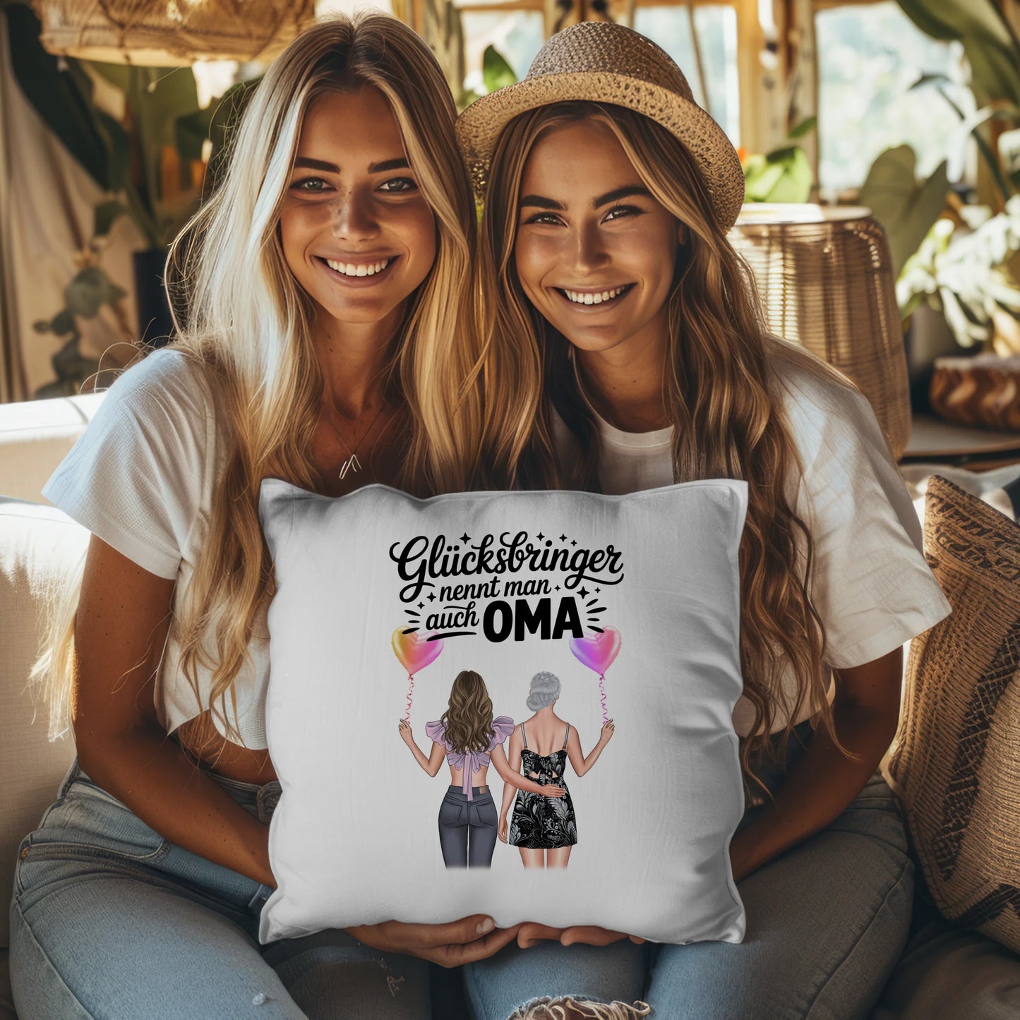 Kissen Für Die Beste Oma personalisiert mit 2 Clipart Frauen, Namen & Wunschtext