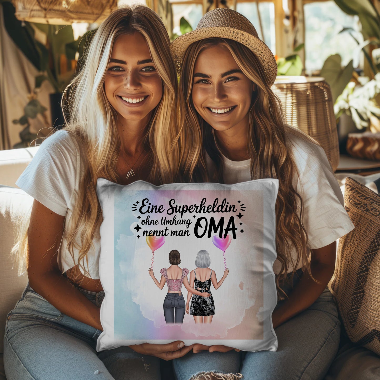 Kissen Beste Oma personalisierbar mit 2 Clipart-Frauen, Namen und eigenem Spruch