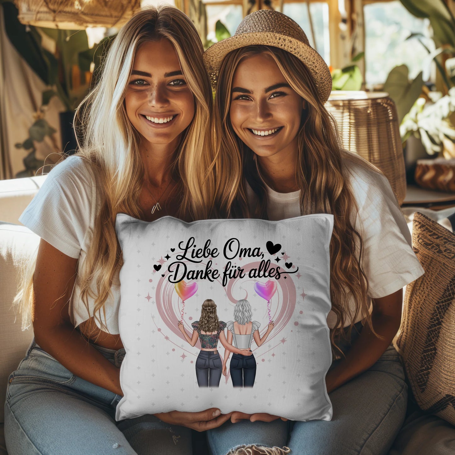 Namen Kissen für Liebe Oma Danke für alles mit 2 Clipart Frauen, Foto & Wunschtext