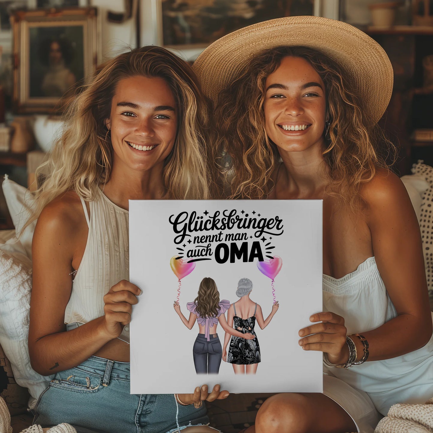 Oma Plakat Fotoboard Personalisiert mit 2 Clipart Frauen, Namen & Spruch