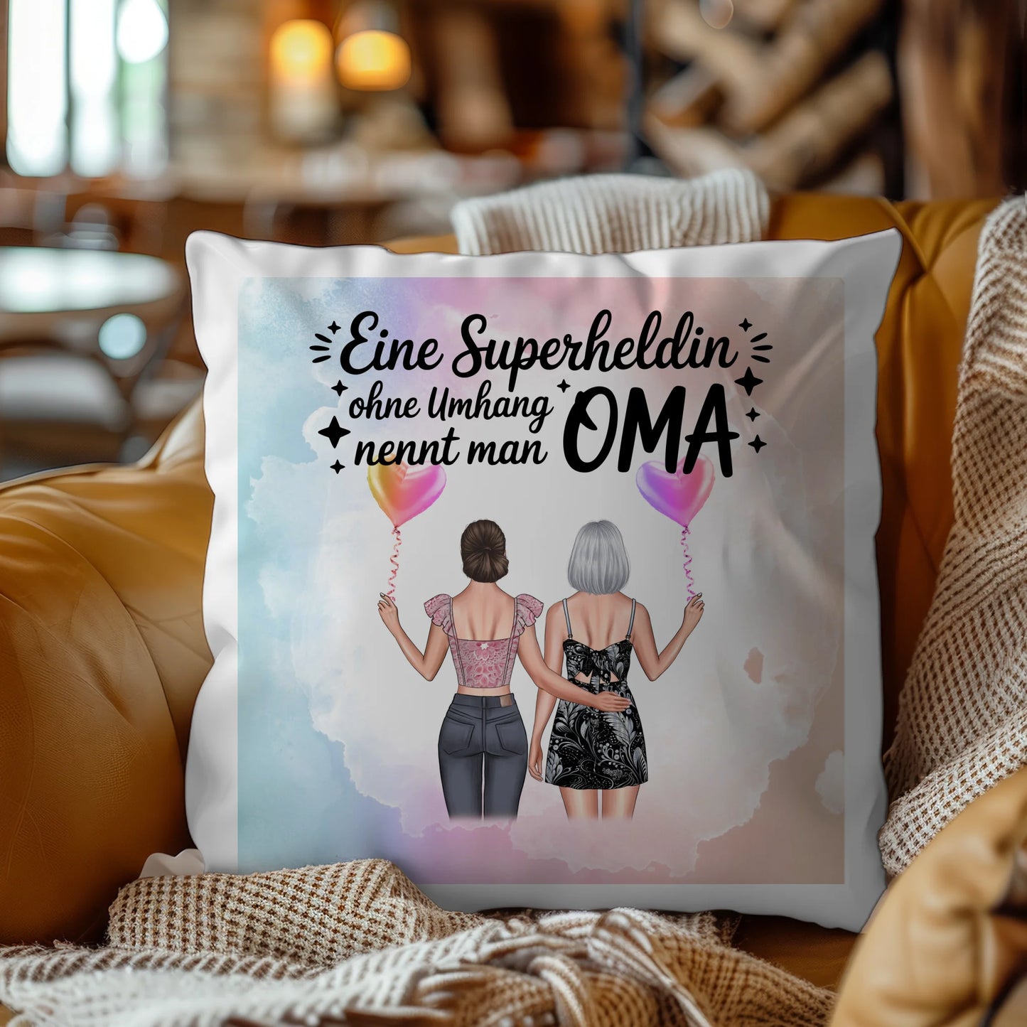 Kissen Beste Oma personalisierbar mit 2 Clipart-Frauen, Namen und eigenem Spruch