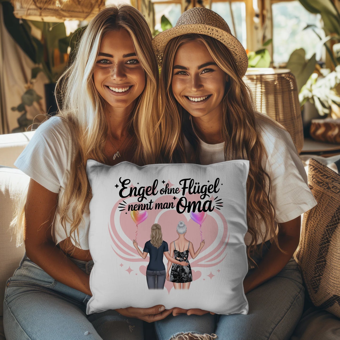 Personalisierbares Namen Kissen mit 2 Clipart Frauen, Oma Motiv und eigenem Spruch