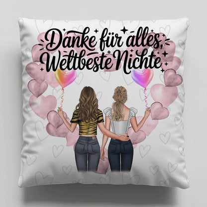 Namen Kissen für Beste Nichte mit 2 Clipart Frauen, Hintergrundbild und Wunschtext