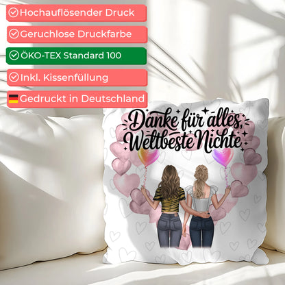Namen Kissen für Beste Nichte mit 2 Clipart Frauen, Hintergrundbild und Wunschtext