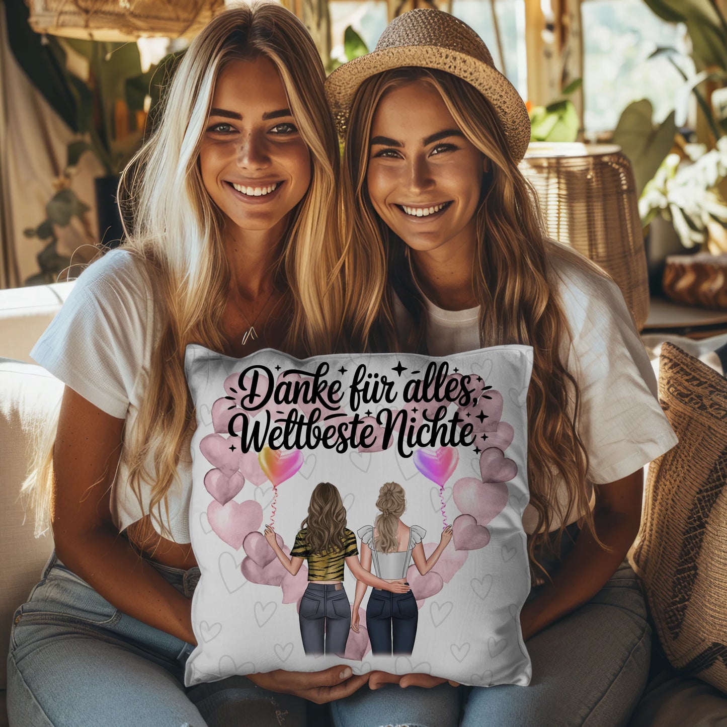 Namen Kissen für Beste Nichte mit 2 Clipart Frauen, Hintergrundbild und Wunschtext