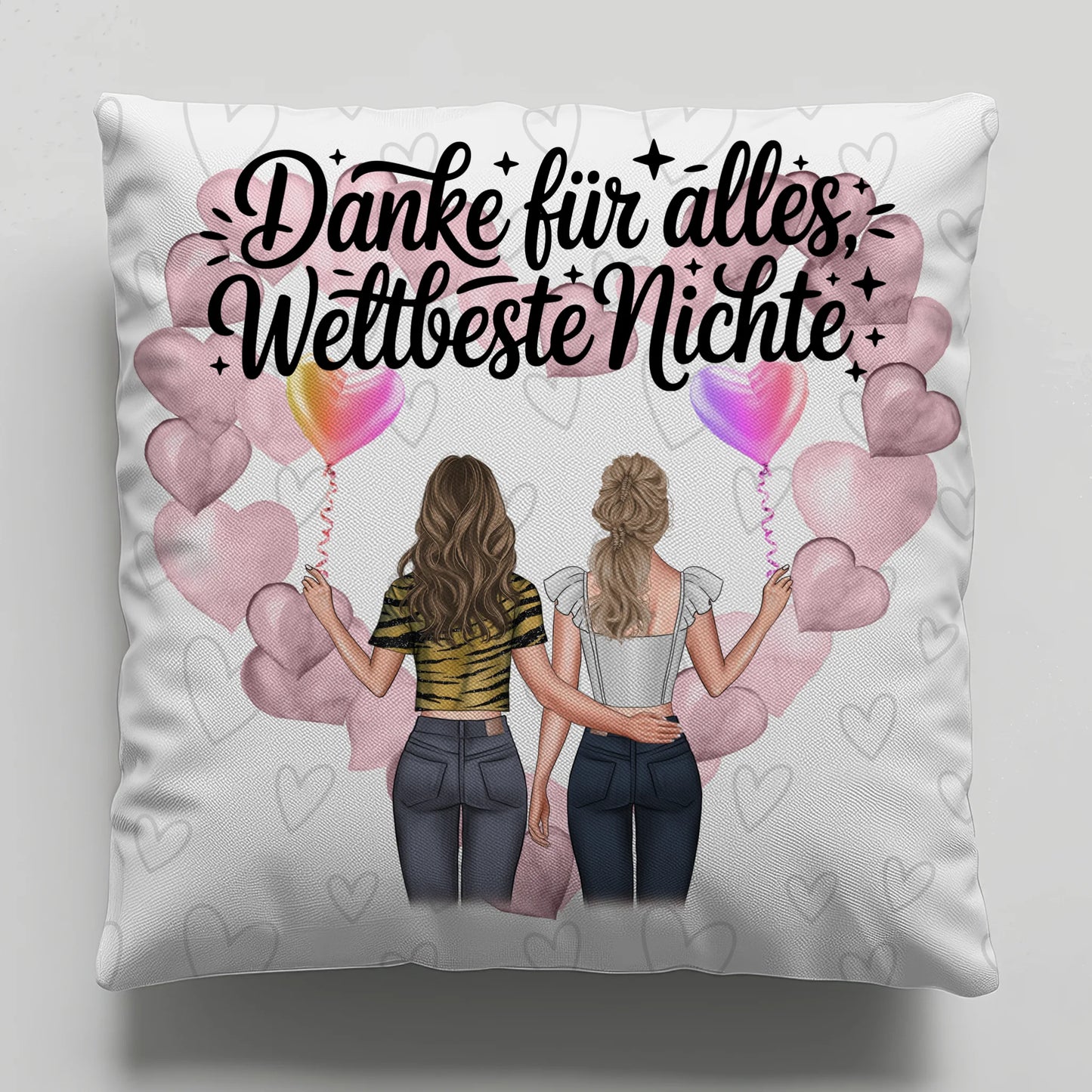 Namen Kissen für Beste Nichte mit 2 Clipart Frauen, Hintergrundbild und Wunschtext