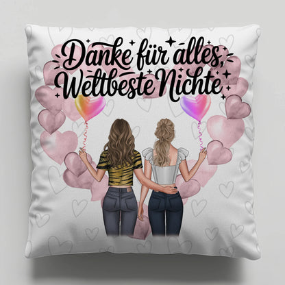 Namen Kissen für Beste Nichte mit 2 Clipart Frauen, Hintergrundbild und Wunschtext