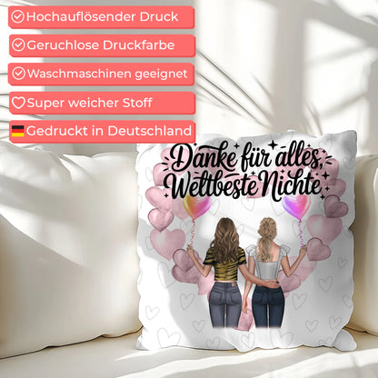 Namen Kissen für Beste Nichte mit 2 Clipart Frauen, Hintergrundbild und Wunschtext
