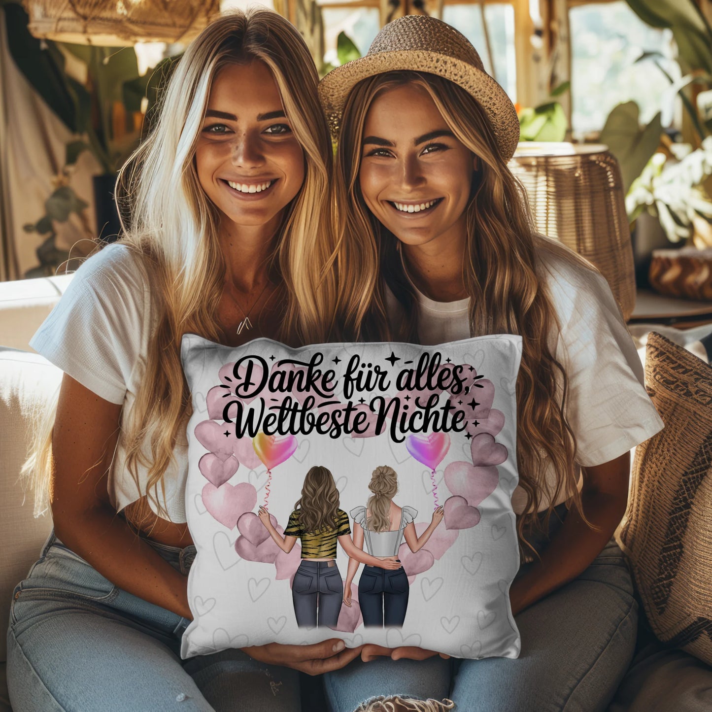 Namen Kissen für Beste Nichte mit 2 Clipart Frauen, Hintergrundbild und Wunschtext