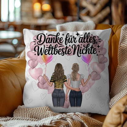 Namen Kissen für Beste Nichte mit 2 Clipart Frauen, Hintergrundbild und Wunschtext