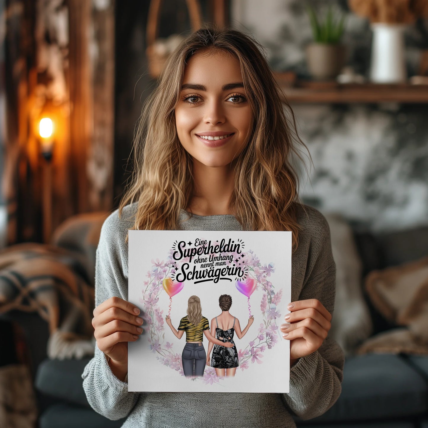 Magnetisches Fotoboard für Schwägerin mit 2 Clipart Frauen