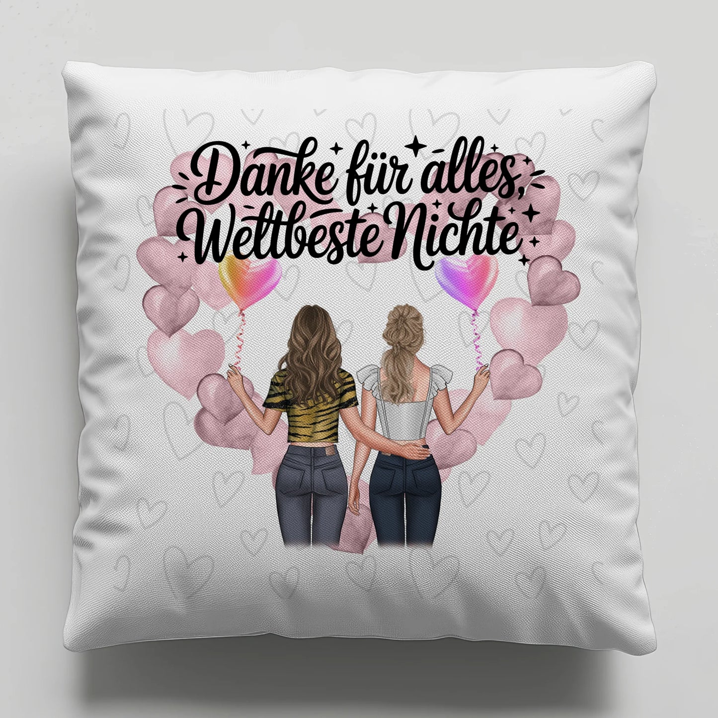 Namen Kissen für Beste Nichte mit 2 Clipart Frauen, Hintergrundbild und Wunschtext