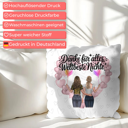 Namen Kissen für Beste Nichte mit 2 Clipart Frauen, Hintergrundbild und Wunschtext
