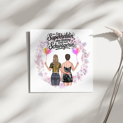 Magnetisches Fotoboard für Schwägerin mit 2 Clipart Frauen