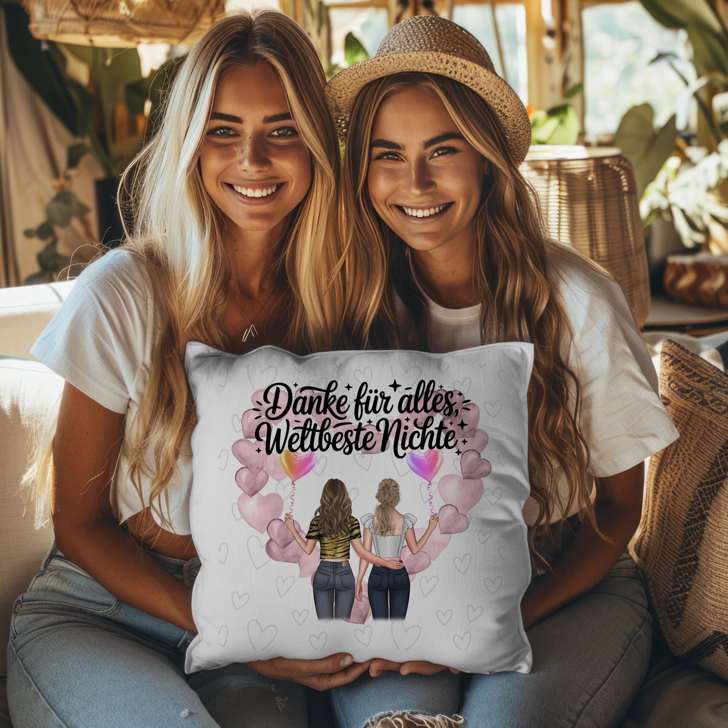 Namen Kissen für Beste Nichte mit 2 Clipart Frauen, Hintergrundbild und Wunschtext