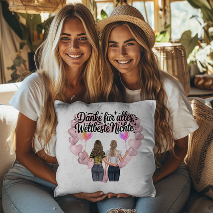 Namen Kissen für Beste Nichte mit 2 Clipart Frauen, Hintergrundbild und Wunschtext