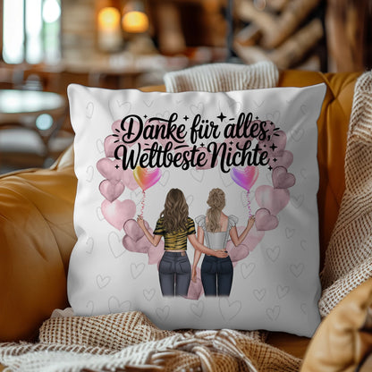 Namen Kissen für Beste Nichte mit 2 Clipart Frauen, Hintergrundbild und Wunschtext