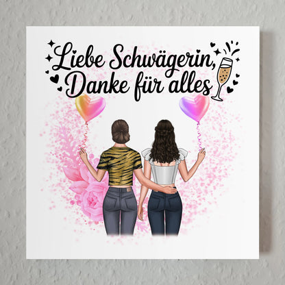 Magnetisches Fotoboard Wandbild Danke Schwägerin mit 2 Clipart Frauen, Namen & Wunschtext