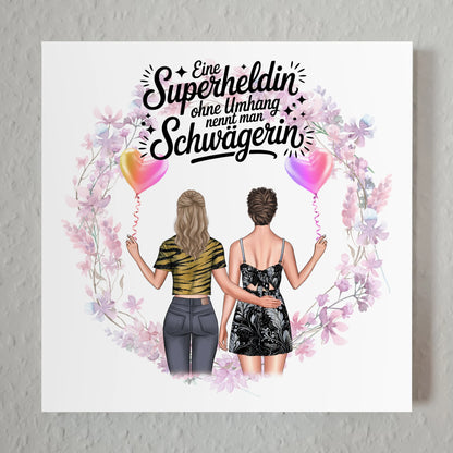 Magnetisches Fotoboard für Schwägerin mit 2 Clipart Frauen