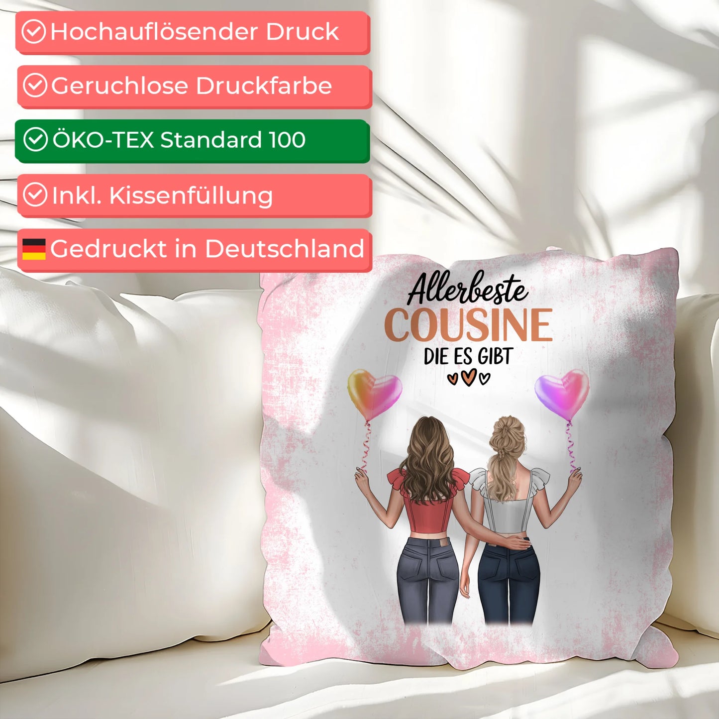 Kissen Mit Namen für Allerbeste Cousine mit 2 Clipart Frauen und Wunschtext
