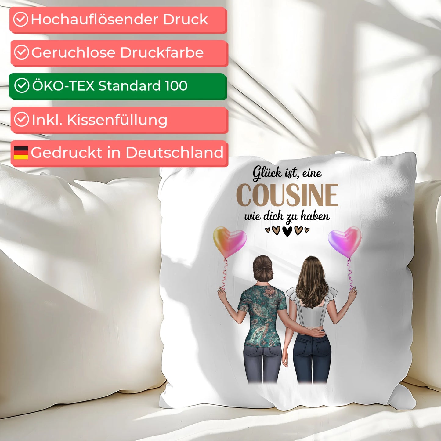 Namen Kissen für Cousine mit 2 Clipart Frauen und Wunschtext