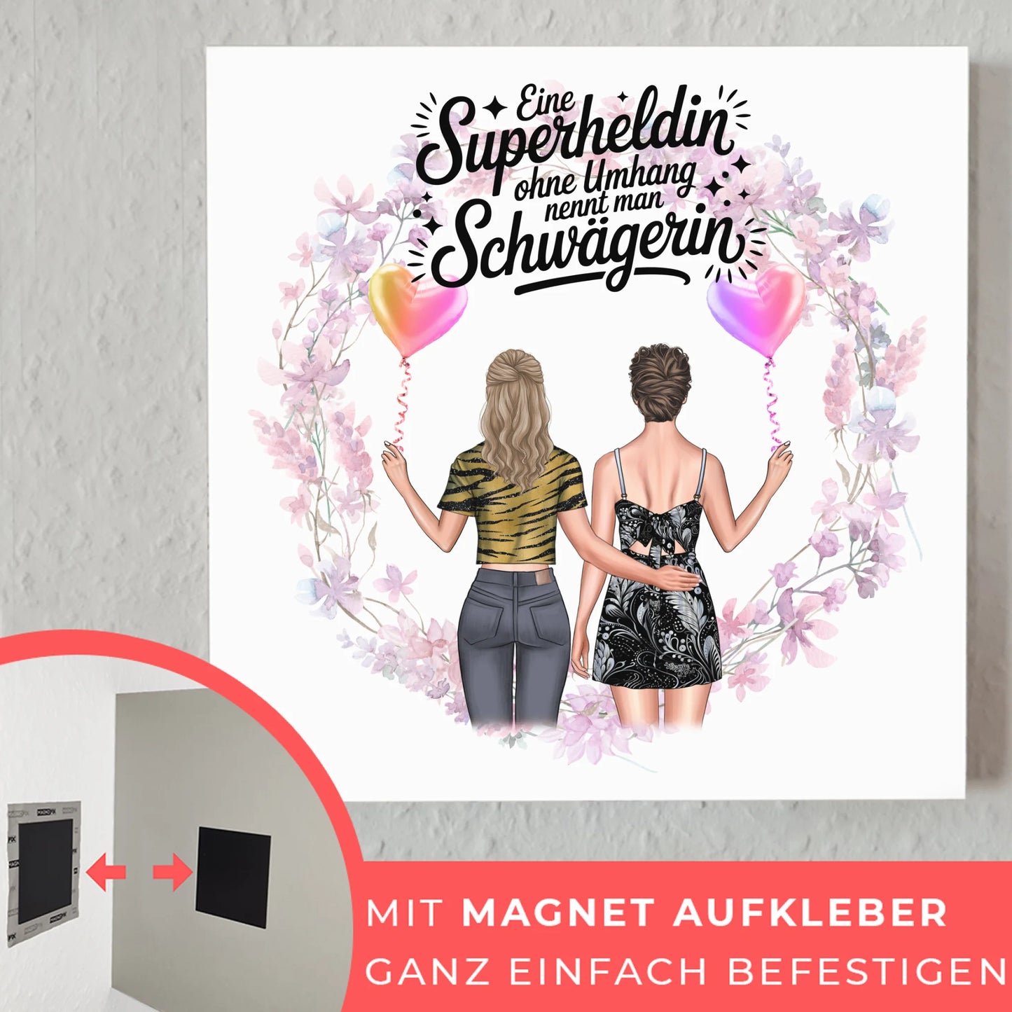 Magnetisches Fotoboard für Schwägerin mit 2 Clipart Frauen