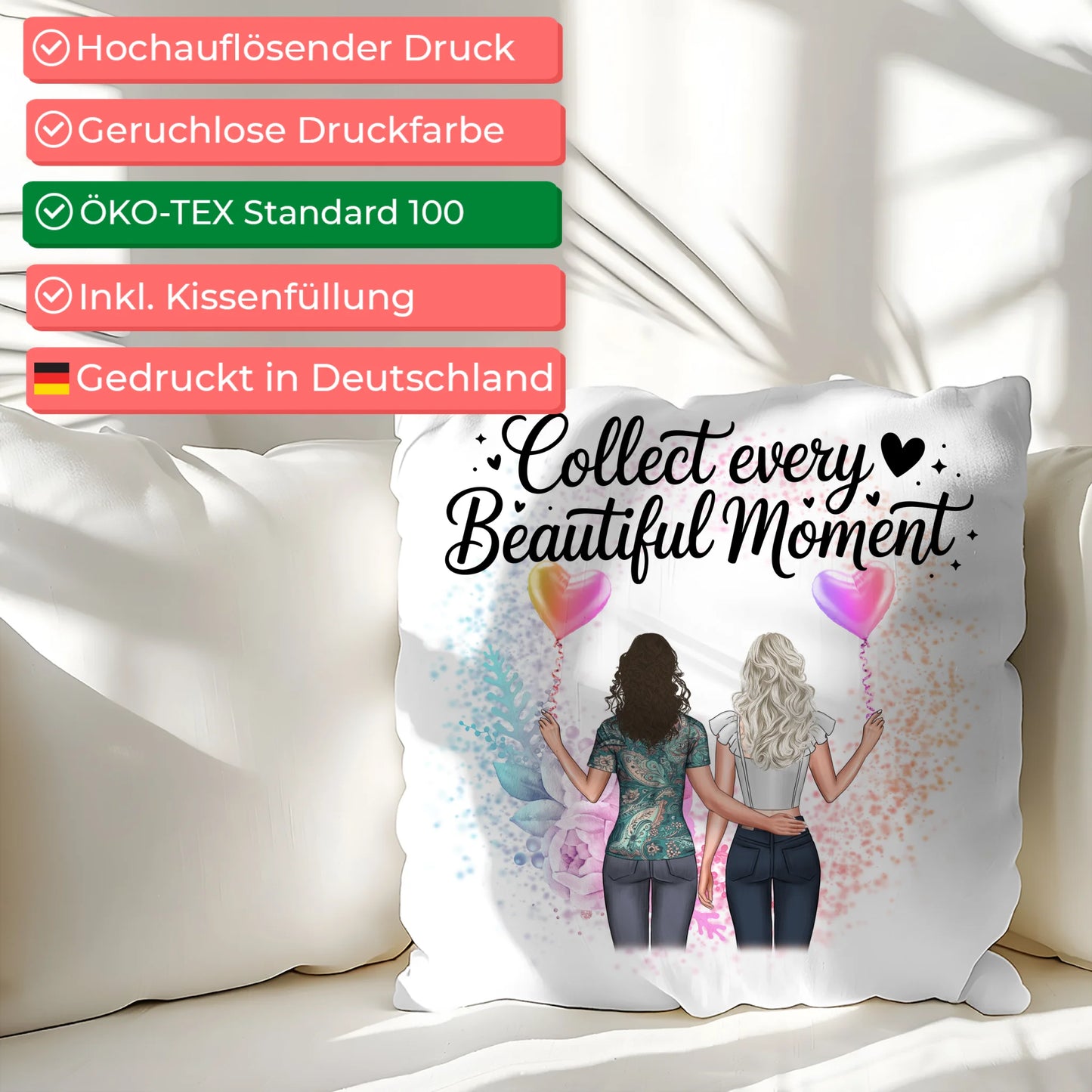 Kissen Mit Namen für Cousine Collect Every Beautiful Moment mit 2 Clipart-Frauen