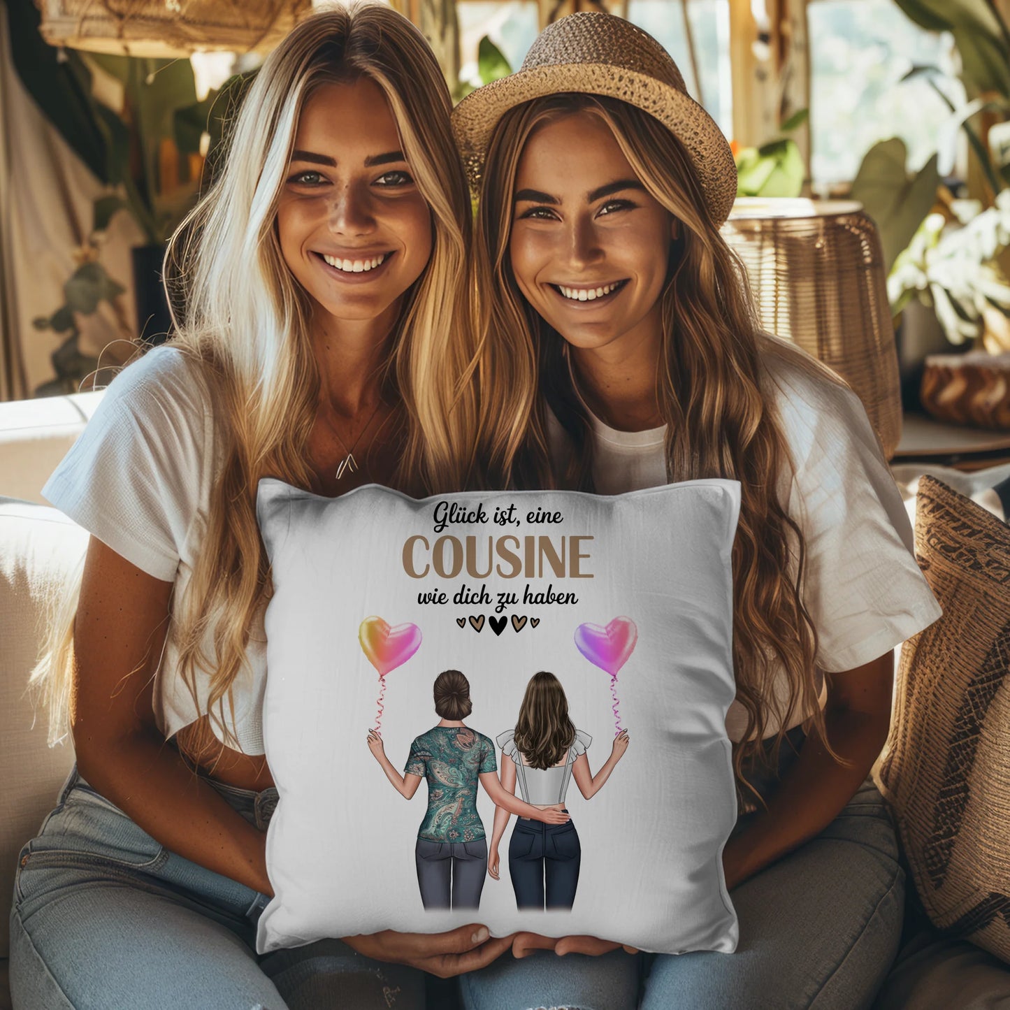 Namen Kissen für Cousine mit 2 Clipart Frauen und Wunschtext