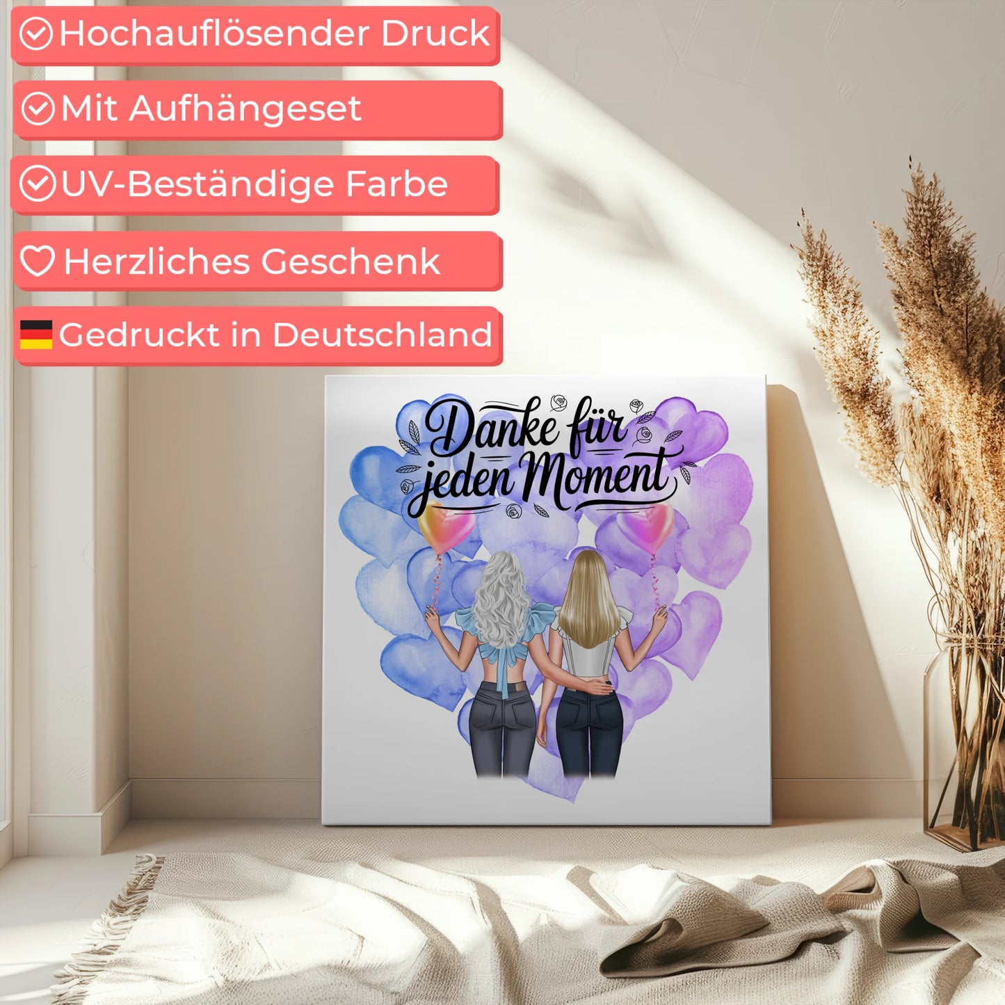 Personalisierte Leinwand Cousine - Danke für jeden Moment mit 2 Clipart-Frauen & Wunschtext