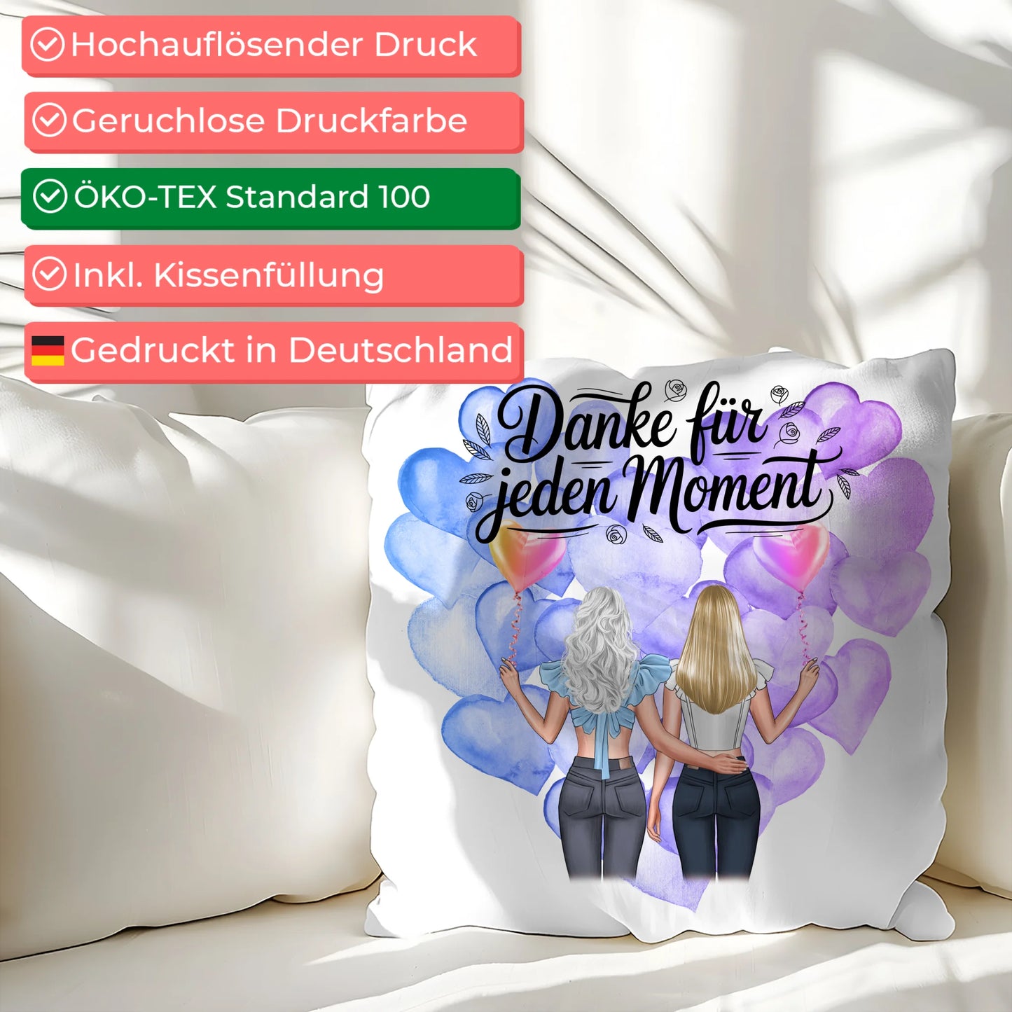 Namen Kissen Cousine Danke für jeden Moment mit 2 Clipart Frauen Hintergrund & Wunschtext