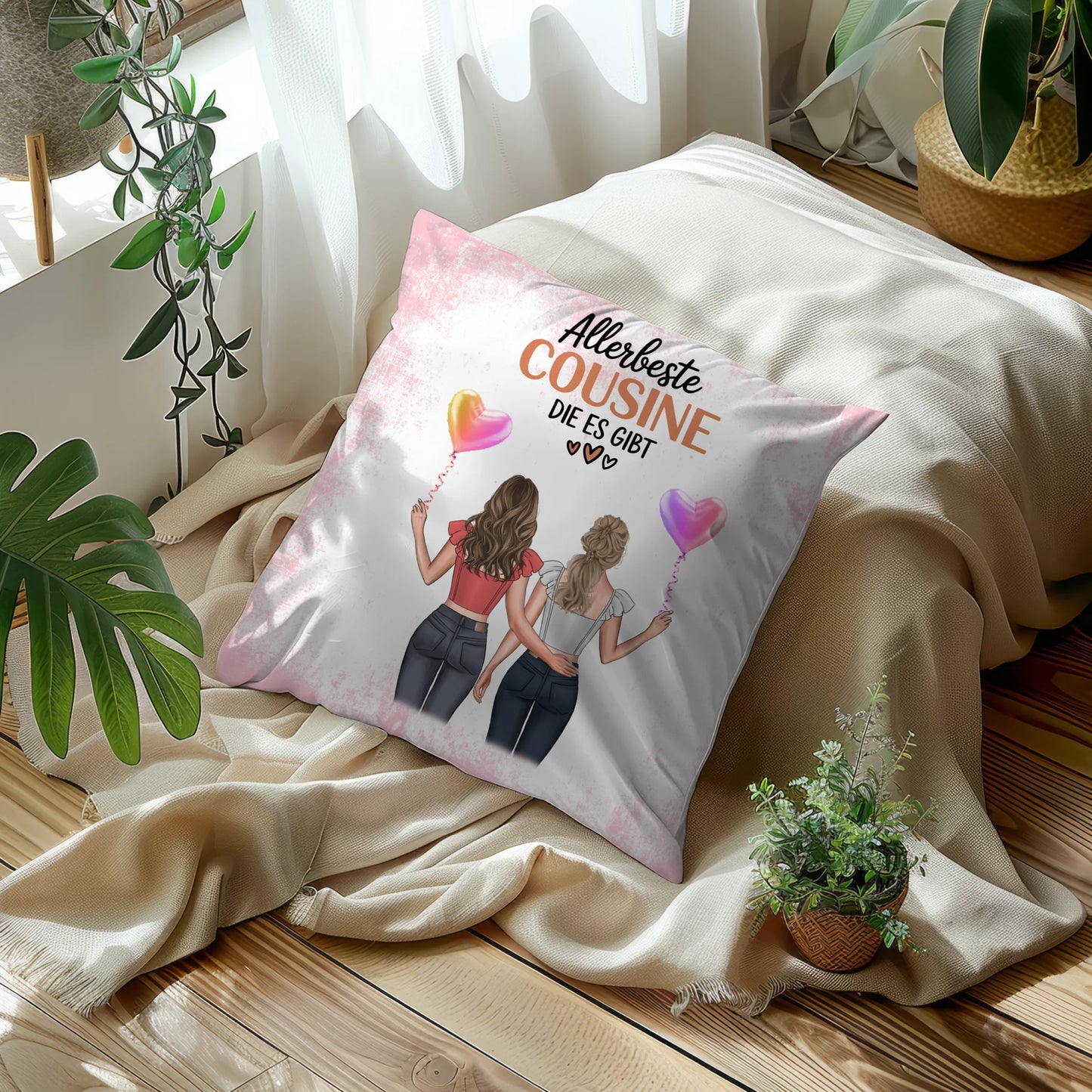 Kissen Mit Namen für Allerbeste Cousine mit 2 Clipart Frauen und Wunschtext