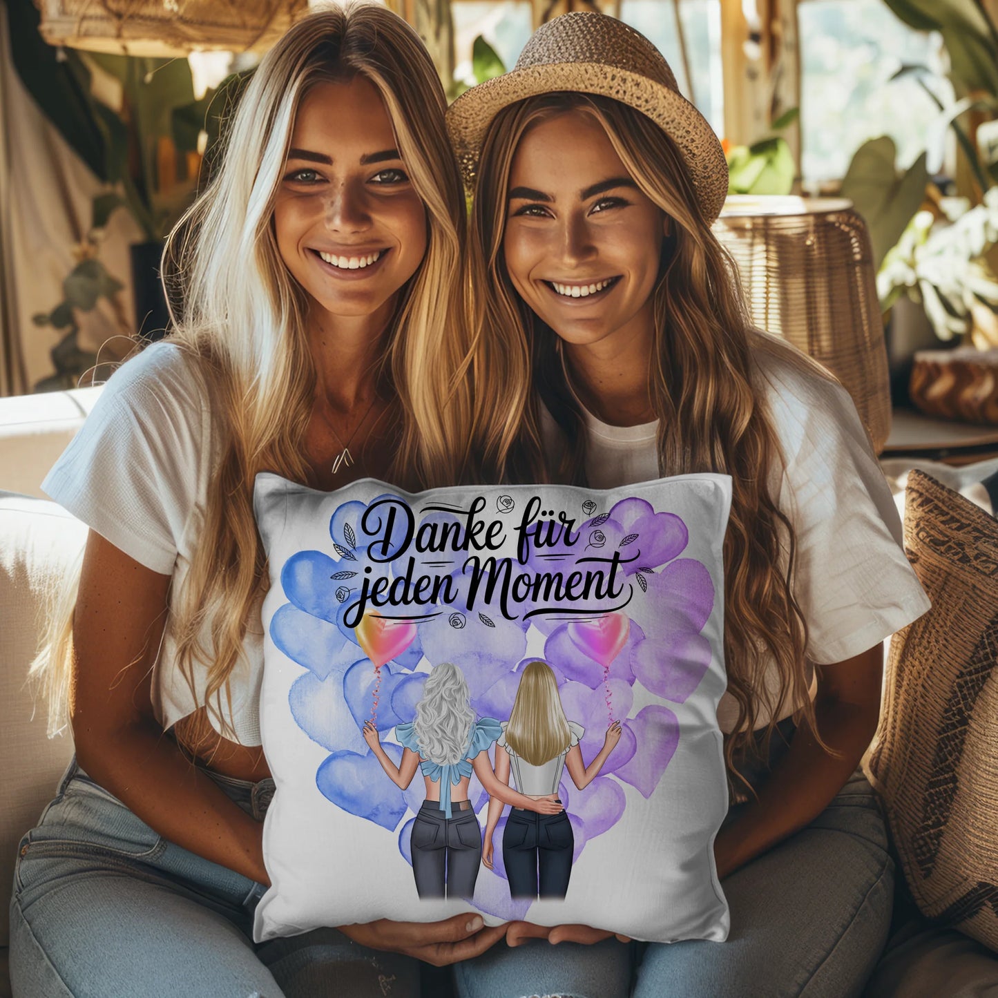 Namen Kissen Cousine Danke für jeden Moment mit 2 Clipart Frauen Hintergrund & Wunschtext