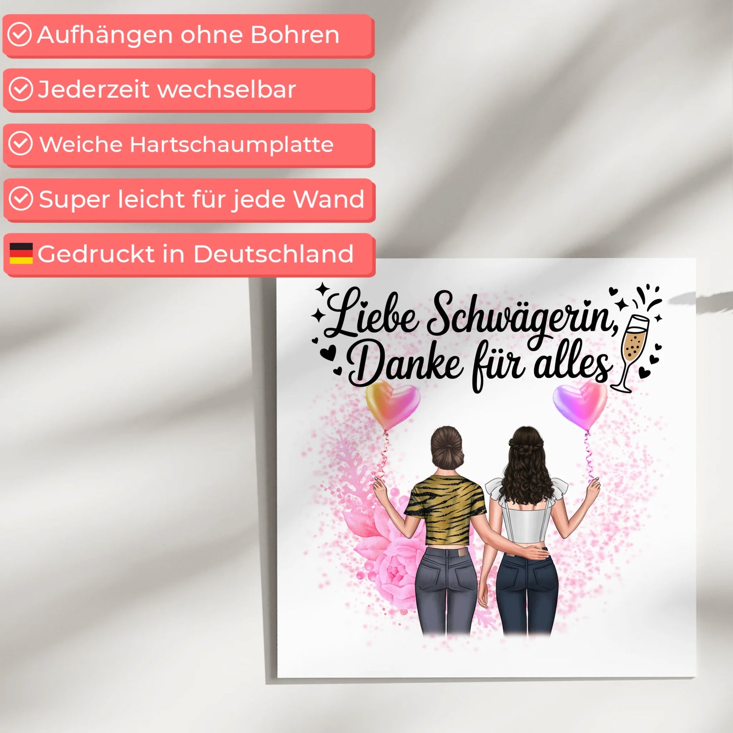 Magnetisches Fotoboard Wandbild Danke Schwägerin mit 2 Clipart Frauen, Namen & Wunschtext