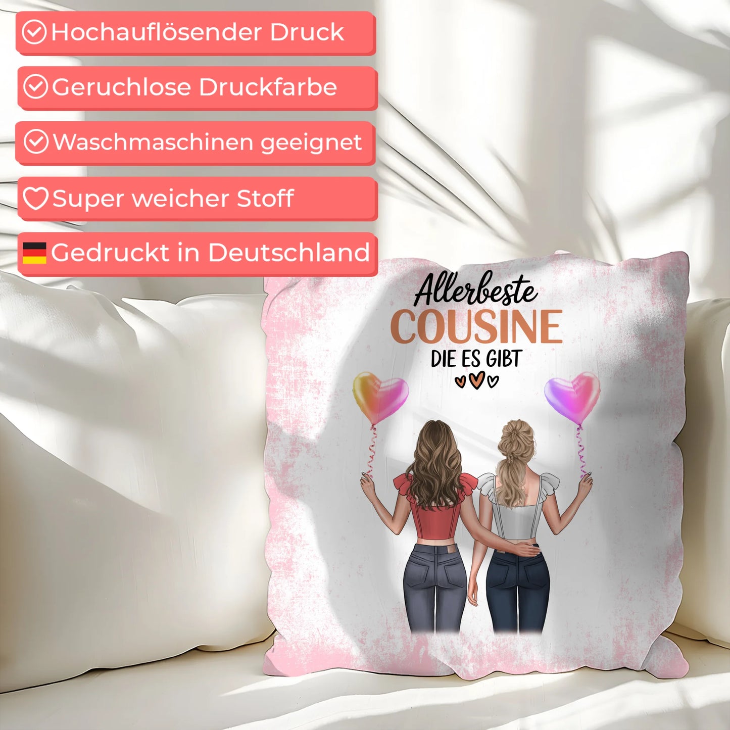 Kissen Mit Namen für Allerbeste Cousine mit 2 Clipart Frauen und Wunschtext