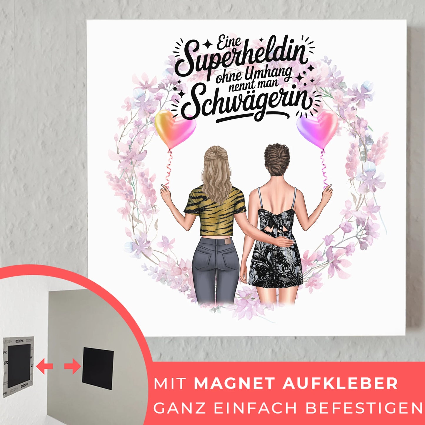Magnetisches Fotoboard für Schwägerin mit 2 Clipart Frauen
