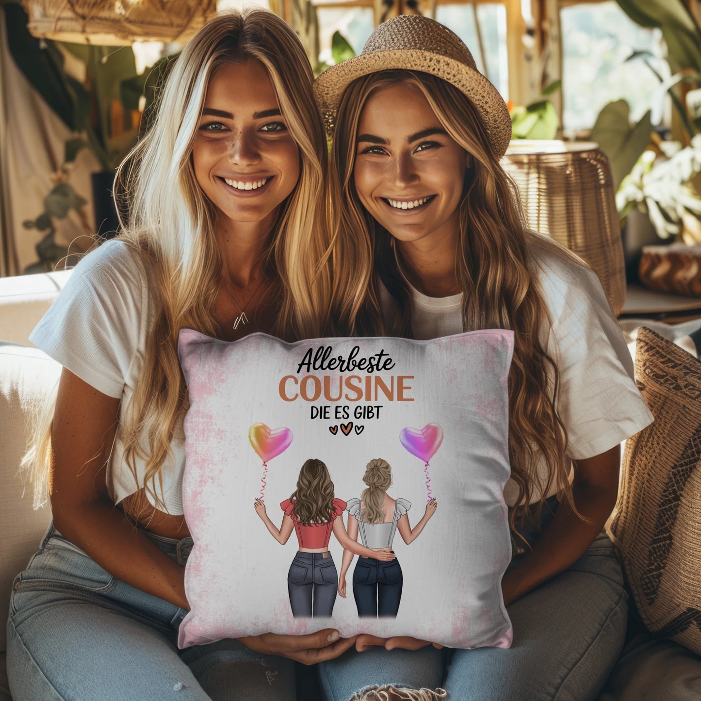 Kissen Mit Namen für Allerbeste Cousine mit 2 Clipart Frauen und Wunschtext