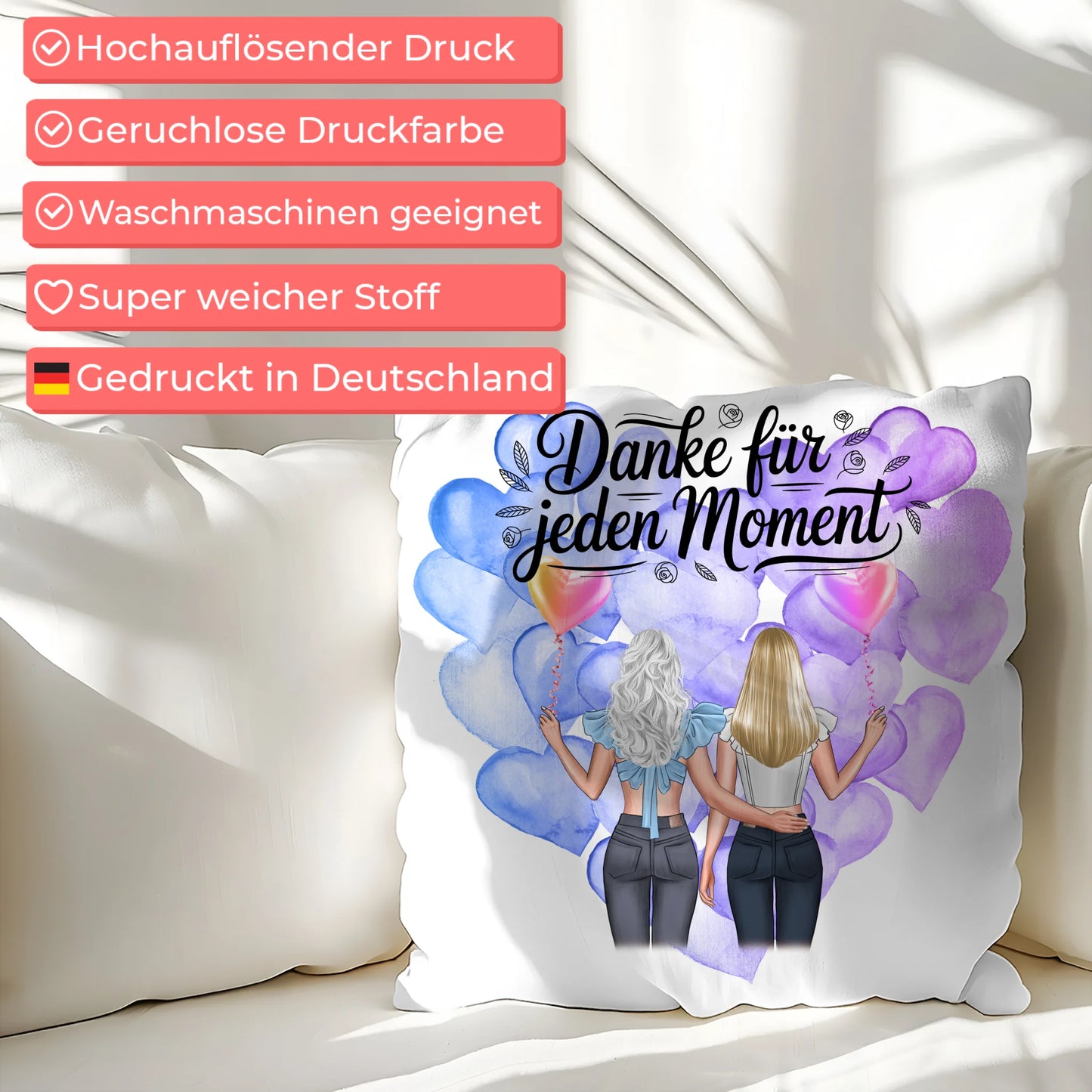 Namen Kissen Cousine Danke für jeden Moment mit 2 Clipart Frauen Hintergrund & Wunschtext